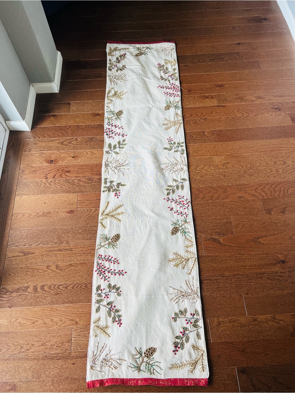Embroidered Botanical Runner - Cream with Red Accents
